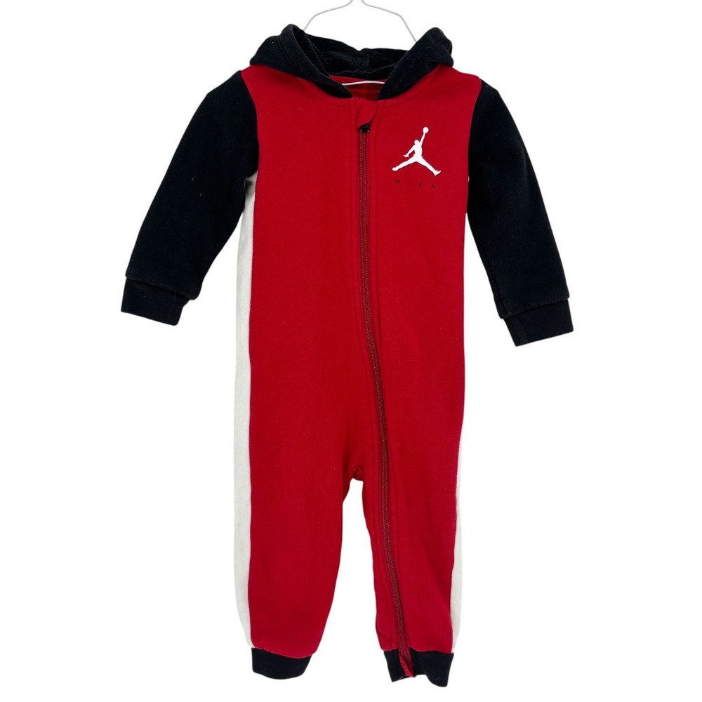Nike Jordan Baby Hooded Coverall Red Black Fleece Zip Jumpsuit Soft Knit18M